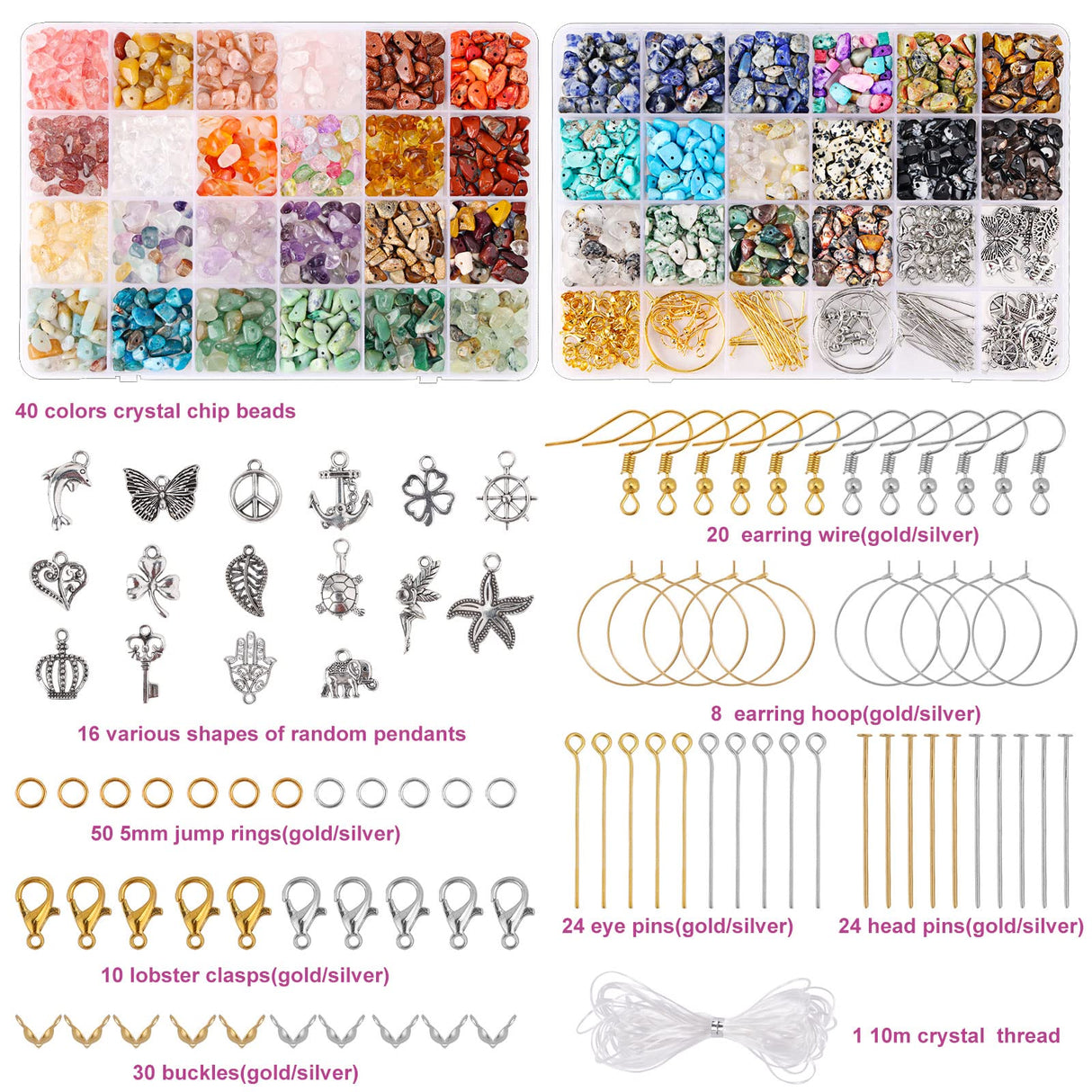 QUEFE 720pcs Crystal Chips Beads Ring Making Kit, 40 Colors Crystal Chips and Gemstone Beads for Jewelry Making Crystal Beads for Ring, Bracelets Earring Making Supplies, Craft Gifts QUEFE