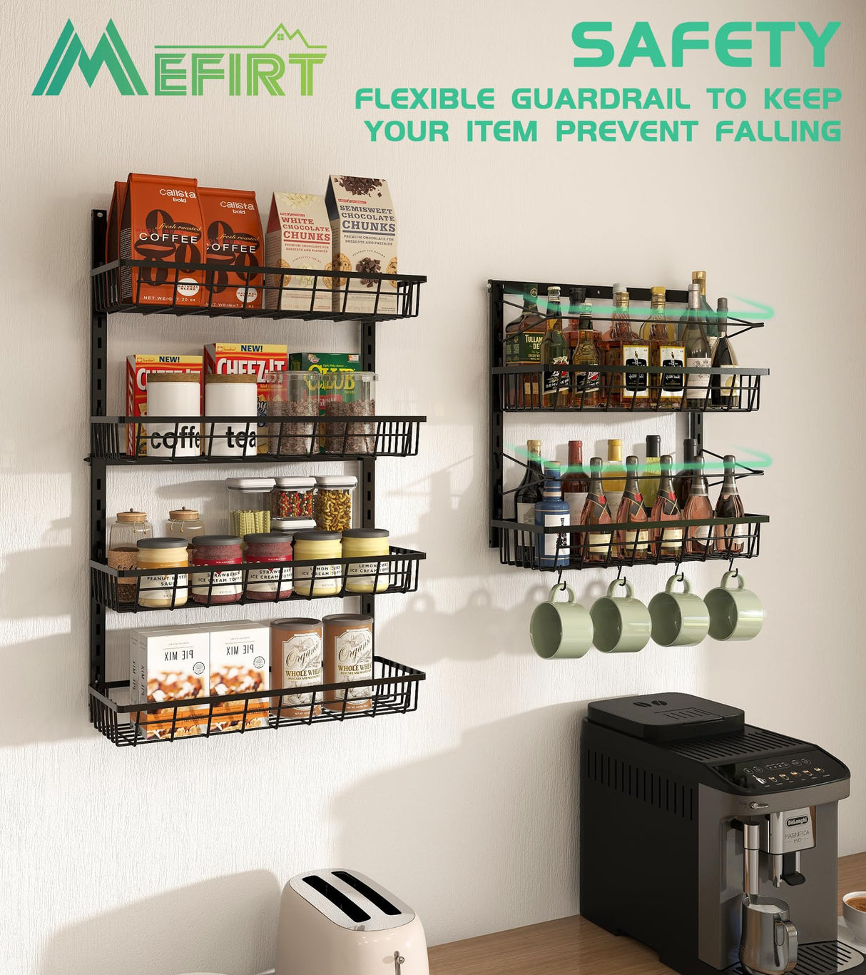 Mefirt Over The Door Pantry Organizer, Pantry Storage and Organization, 6-Tier Adjustable Hanging Baskets, Metal Wall Mount Spice Rack Seasoning Shelves for Home & Kitchen, Laundry Bathroom - Black Mefirt