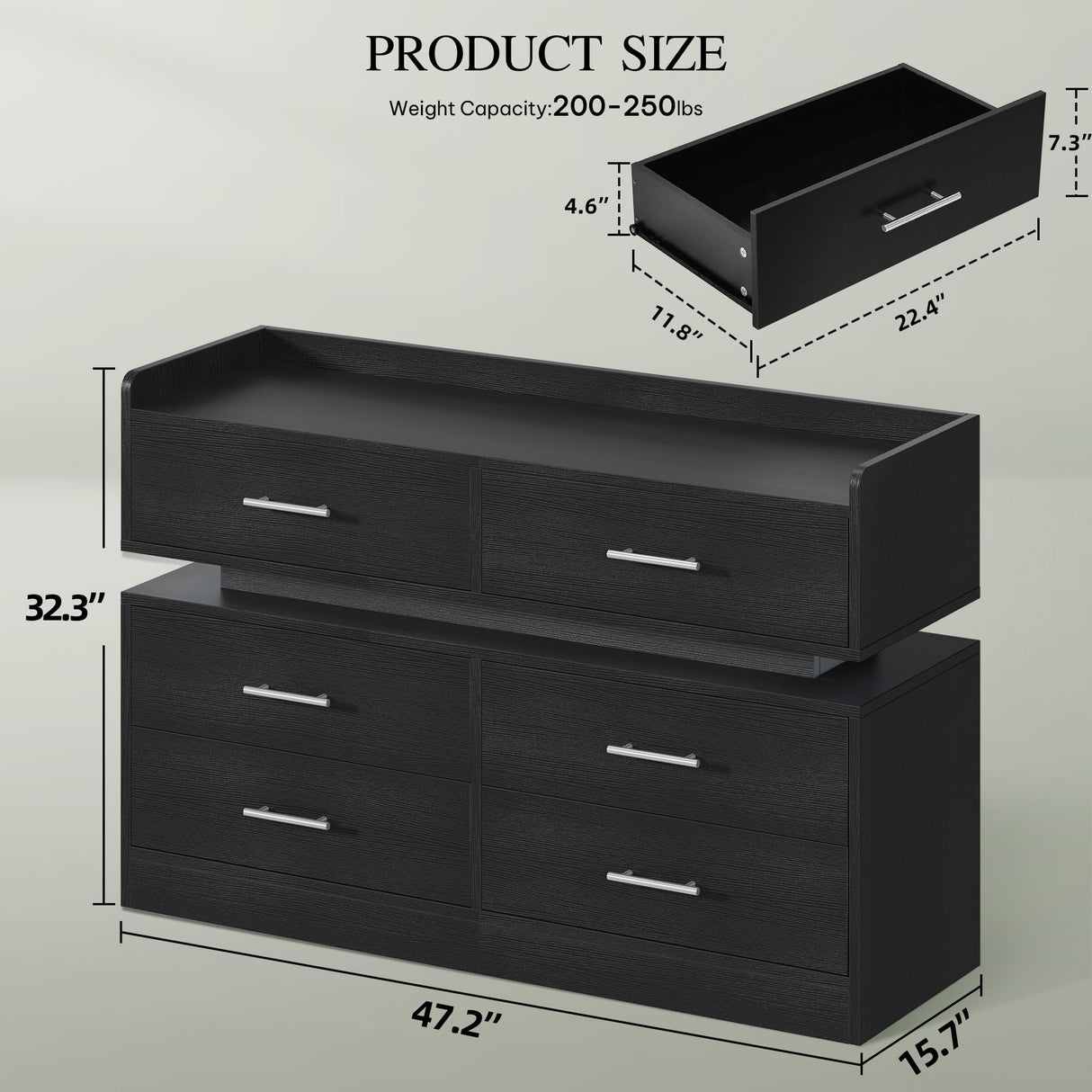 DWVO 6 Drawer Dresser with LED Light, Modern Dresser Chest of Drawers, Wide Drawer Organizer Cabinet with Top Storage Shelf, Black DWVO