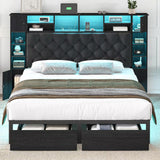 Siihnon Queen Bed Frame with Bookcase Headboard and Storage Drawers, 51.2" Metal Platform Queen Size Bed Frame with Charging Station and LED Lights, Velvet Upholstered Tufted Bed Frames, Black Siihnon