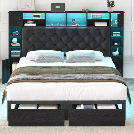 Siihnon Queen Bed Frame with Bookcase Headboard and Storage Drawers, 51.2" Metal Platform Queen Size Bed Frame with Charging Station and LED Lights, Velvet Upholstered Tufted Bed Frames, Black Siihnon