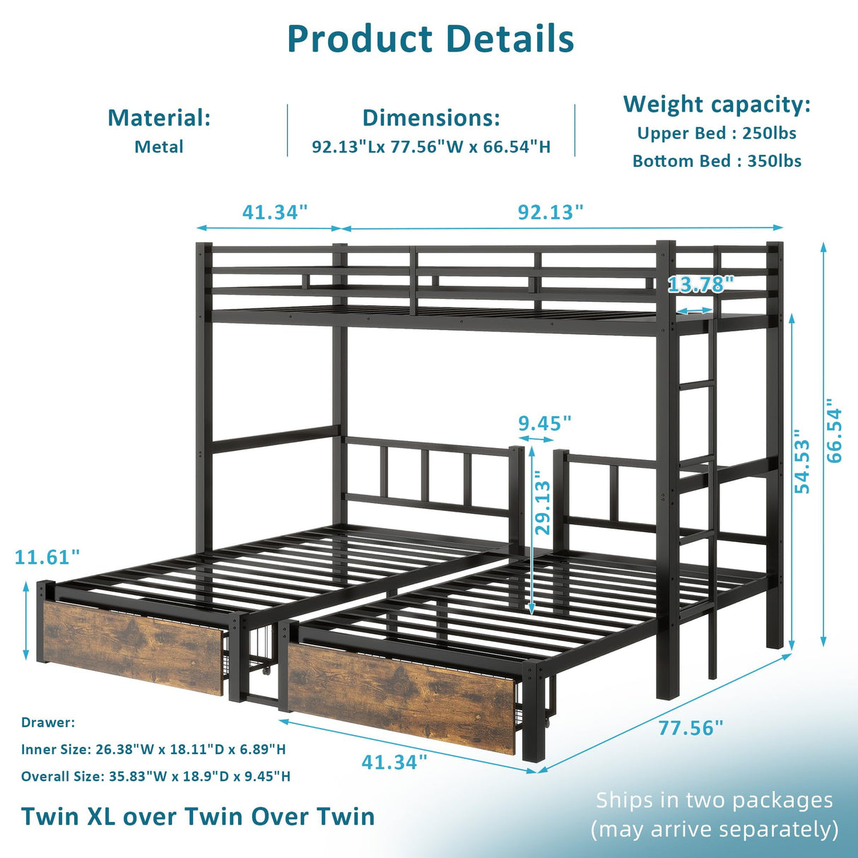 FULLJOJOR Triple Bunk Bed for Kids,Detachable TwinXL Over Twin Over Twin Metal Bunk Bed with Guardrails,Ladder & Storage,Converts to 3 Separate Beds,Easy to Assemble(3 Bunk Beds for Kids) FULLJOJOR