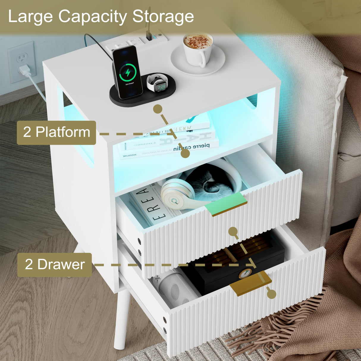 JOONEE White Nightstand with Charging Station and LED Lights,Modern Bedside Table with 2 Storage Drawer and Open Wood Shelf, for Bedroom and Small Spaces,Night Stand with Solid Wood Legs, White JOONEE