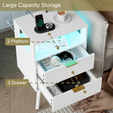JOONEE White Nightstand with Charging Station and LED Lights,Modern Bedside Table with 2 Storage Drawer and Open Wood Shelf, for Bedroom and Small Spaces,Night Stand with Solid Wood Legs, White JOONEE