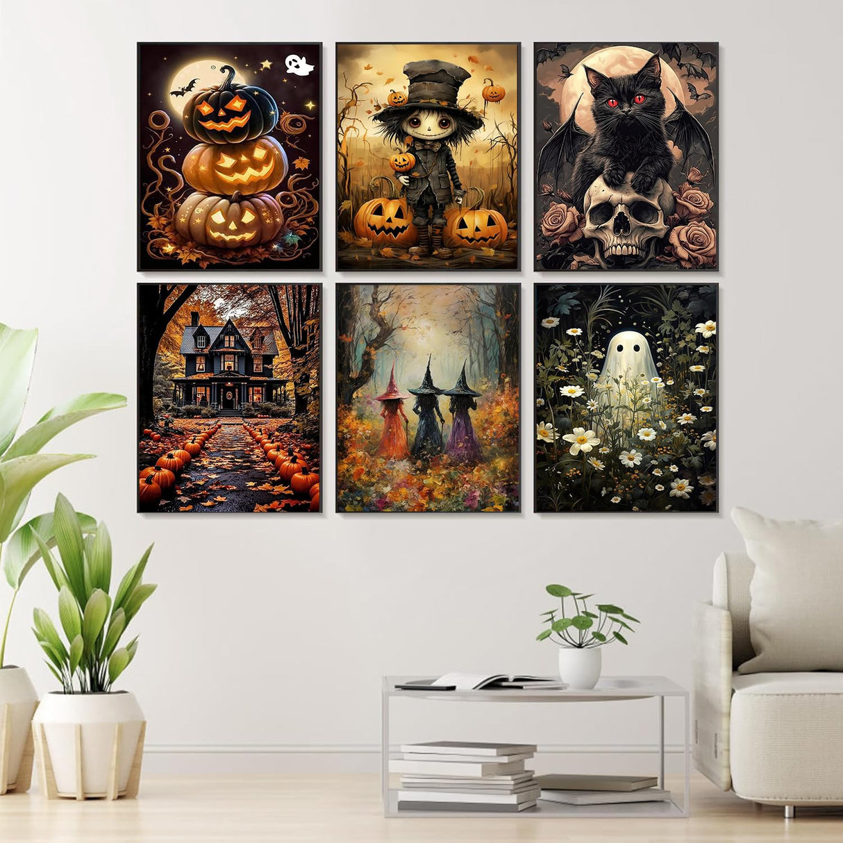 Gemozaic 6 Pack Paint by Numbers Kit for Adults Halloween- Adult Paint by Number Kits on Canvas, Halloween DIY Oil Painting by Numbers for Gift Home Wall Decor 12x16 Inch Gemozaic