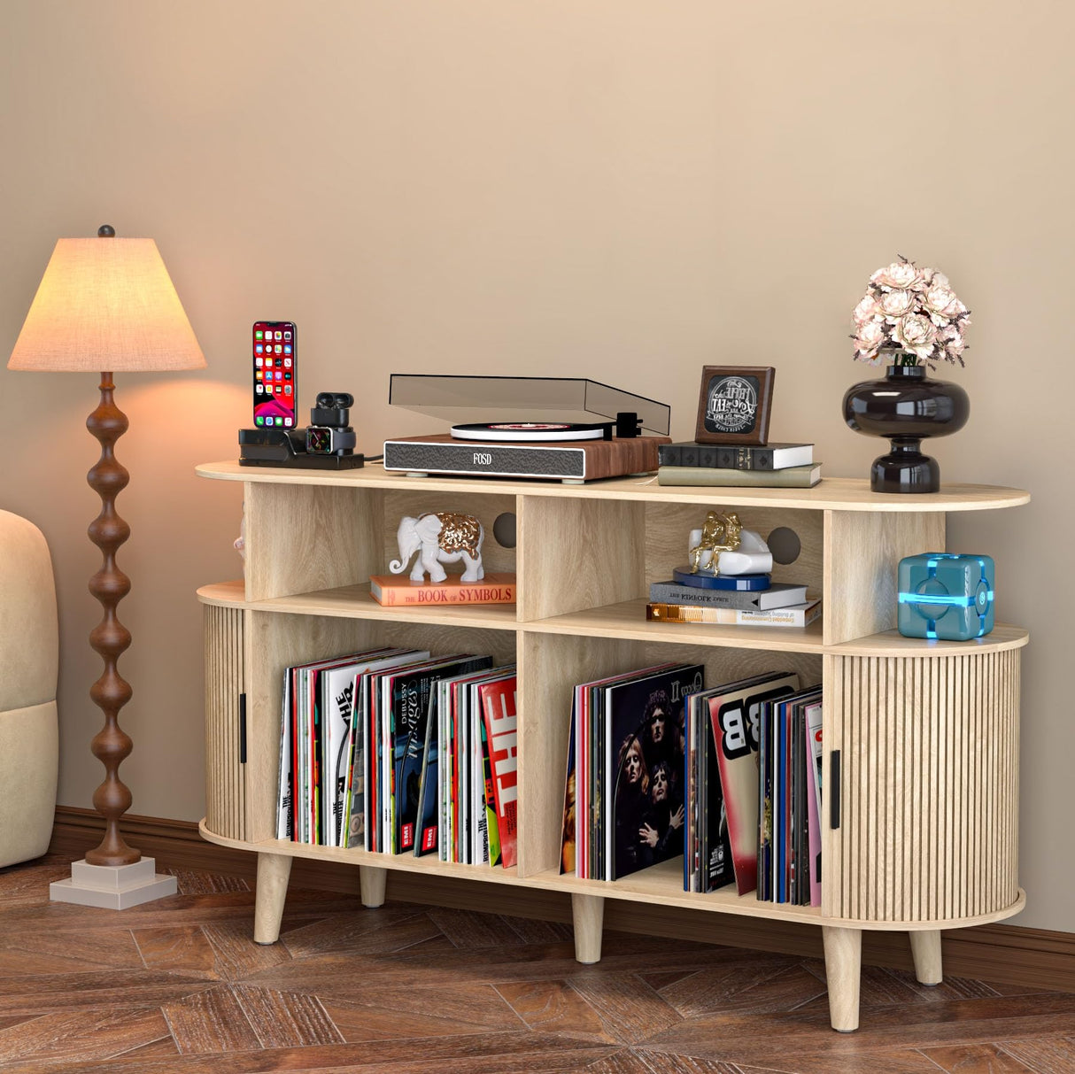 LUVIOHOME Large Round Record Player Stand with Charging Station & USB Ports，Record Storage Cabinet, Mid Century Modern Turntable Stand for Bedroom Living Room (Oak) LUVIOHOME