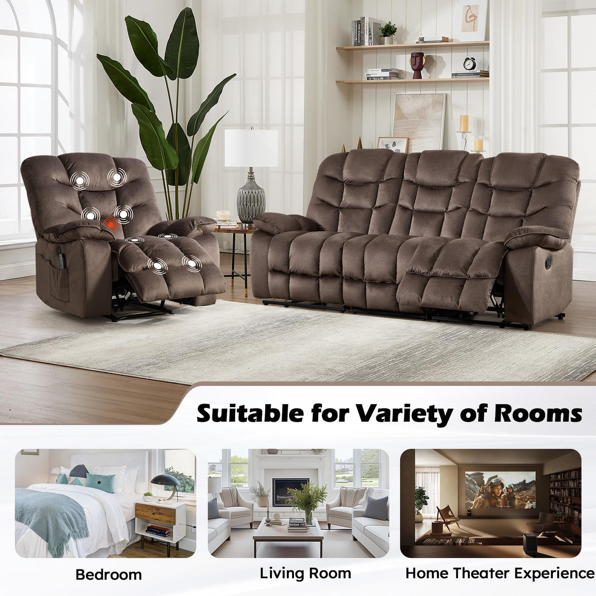 HAOMARKETS 2-Piece Recliner Sofa Couch Set, Include Single Power Electric Recliner Chair with Massage& Heat and 3-Seater Manual Reclining Sofa for Living Room Bedroom, Brown HAOMARKETS