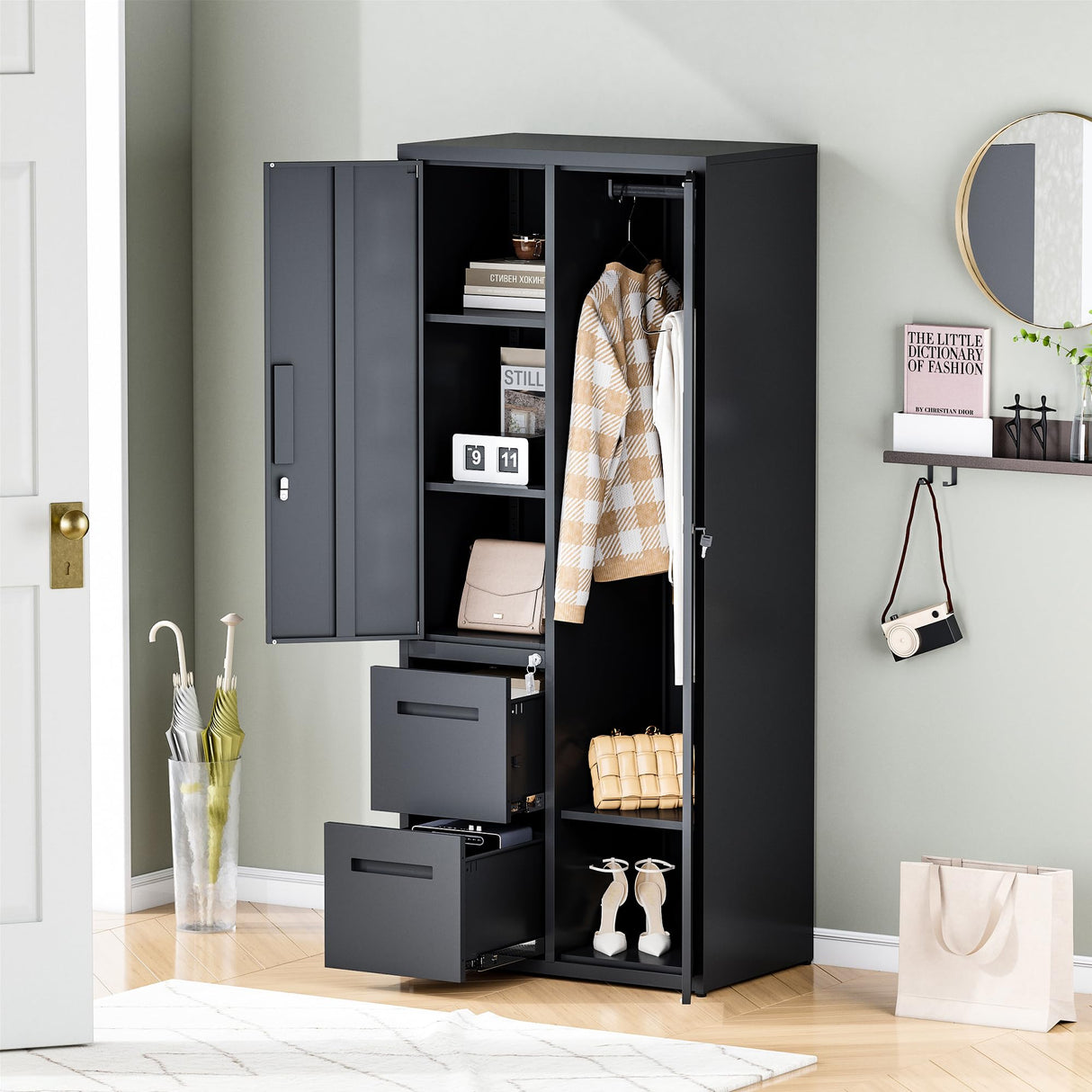 Anxxsu Metal Storage Cabinets Locker, 67" Locker with Clothes Rod, Lockable Freestanding Wardrobe for Office, Home, School, Laundry Room, Gym (Black) Anxxsu