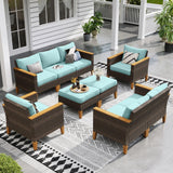 Sophia & William Patio Furniture Sets, 9 Piece Sectional Outdoor Rattan Wicker Sofa, All Weather Patio Conversation Set for Deck Backyard Lawn, Outdoor Couch, Blue Sophia & William
