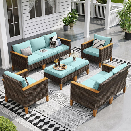 Sophia & William Patio Furniture Sets, 9 Piece Sectional Outdoor Rattan Wicker Sofa, All Weather Patio Conversation Set for Deck Backyard Lawn, Outdoor Couch, Blue Sophia & William