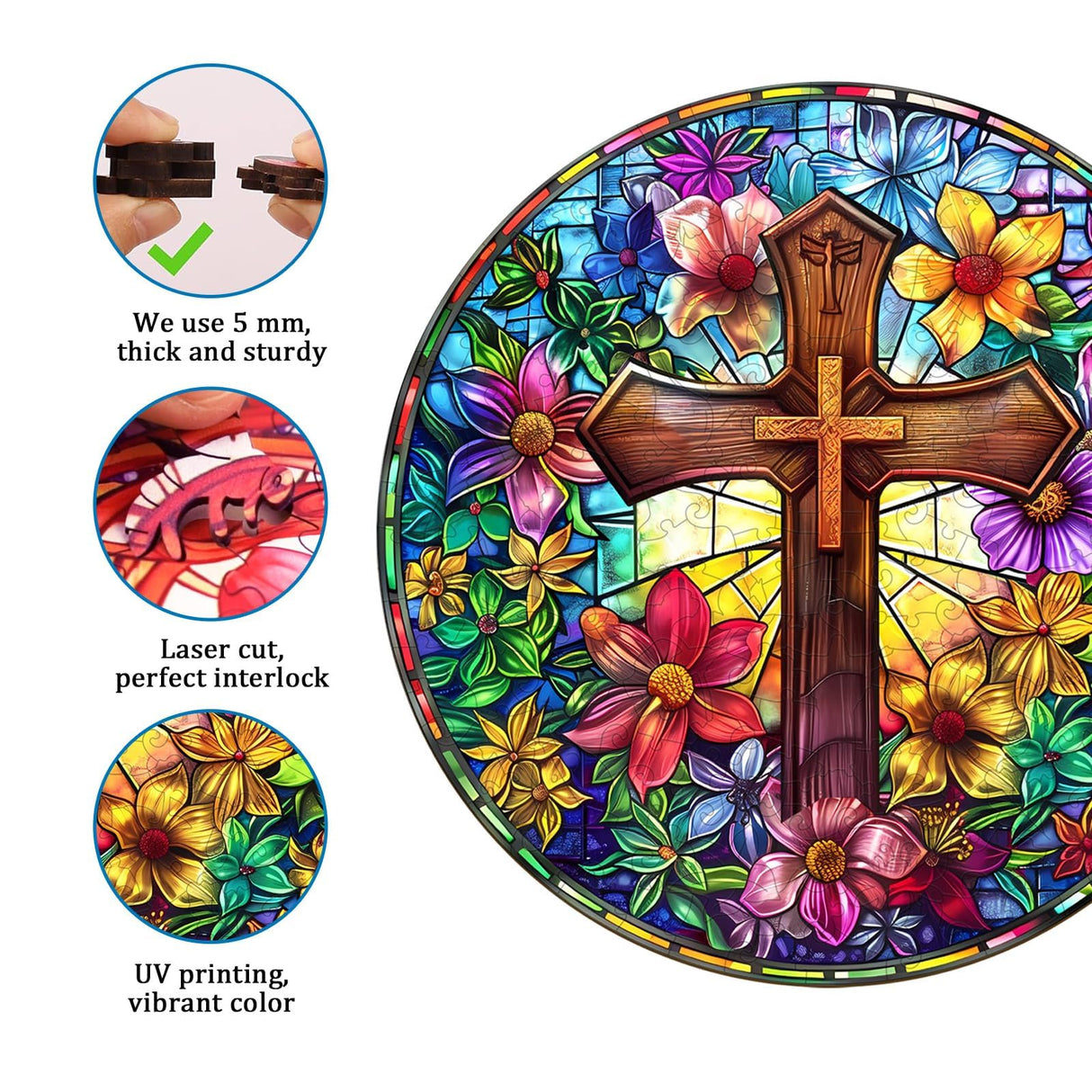 Jigfoxy Wooden Puzzles for Adults, Stained Glass Cross Wood Puzzles Adult, Unique Animal Shape Wooden Jigsaw Puzzles for Adults, Birthday Gifts for Puzzle Lovers, Family (M-11.4 * 11.4in-200pcs) Jigfoxy