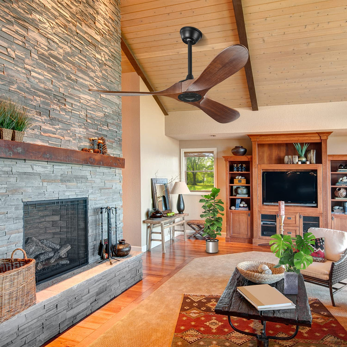 BOOSANT 52" Ceiling Fans Without Lights, Solid Wood Ceiling Fan with Remote Control and DC Motor, Ceiling Fan no Light with 3 Blades, Indoor Outdoor Ceiling Fans for Patios, Bedroom- Dark Walnut BOOSANT