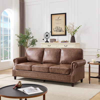 WILLOVE 79'' Faux Leather Sofas for Living Room, Mid Century Modern Couches with Rolled Arm & Nailhead Trim for Small Space, Apartment, Dark Brown