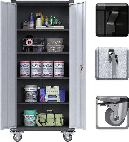 SUPEER 71" H Metal Garage Storage Cabinet with Wheels,Lockable Steel Cabinet with 2 Doors and 4 Adjustable Shelves,Rolling Garage Cabinets for Garage Home Office School,Assembly Required - WoodArtSupply