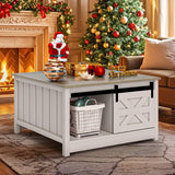 DWVO Farmhouse Coffee Table with Storage: Wooden Square Center Table with Sliding Barn Door, Small Living Room Table Light Oak DWVO