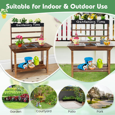 HONEY JOY Kids Potting Bench Table, Fir Wood Garden Potting Benches for Outside, Removable Sink, 4 Flower Pots, Chalkboard, Children Planting Table Work Bench, Mud Kitchen for Kids Outdoor Backyard HONEY JOY