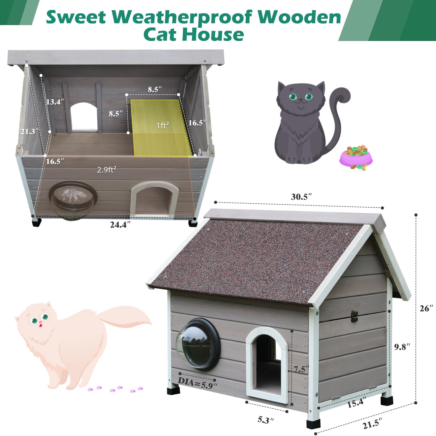 HiCaptain Outdoor Cat House for Feral Cats, Weatherproof Wooden Cat House Ideal Outdoor Shelter for Cats with Escape Door, Clear Window and Attic, Large Interior Space (Grey) - WoodArtSupply