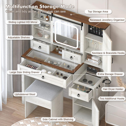 GlouMod Farmhouse Makeup Vanity Desk with Sliding Mirror and Lights, 42" Glass Top Vanity Table with Charging Station & 4 Drawers & 2 Cabinets, Vintage Vanity Set for Bedroom, Stool Included, - WoodArtSupply