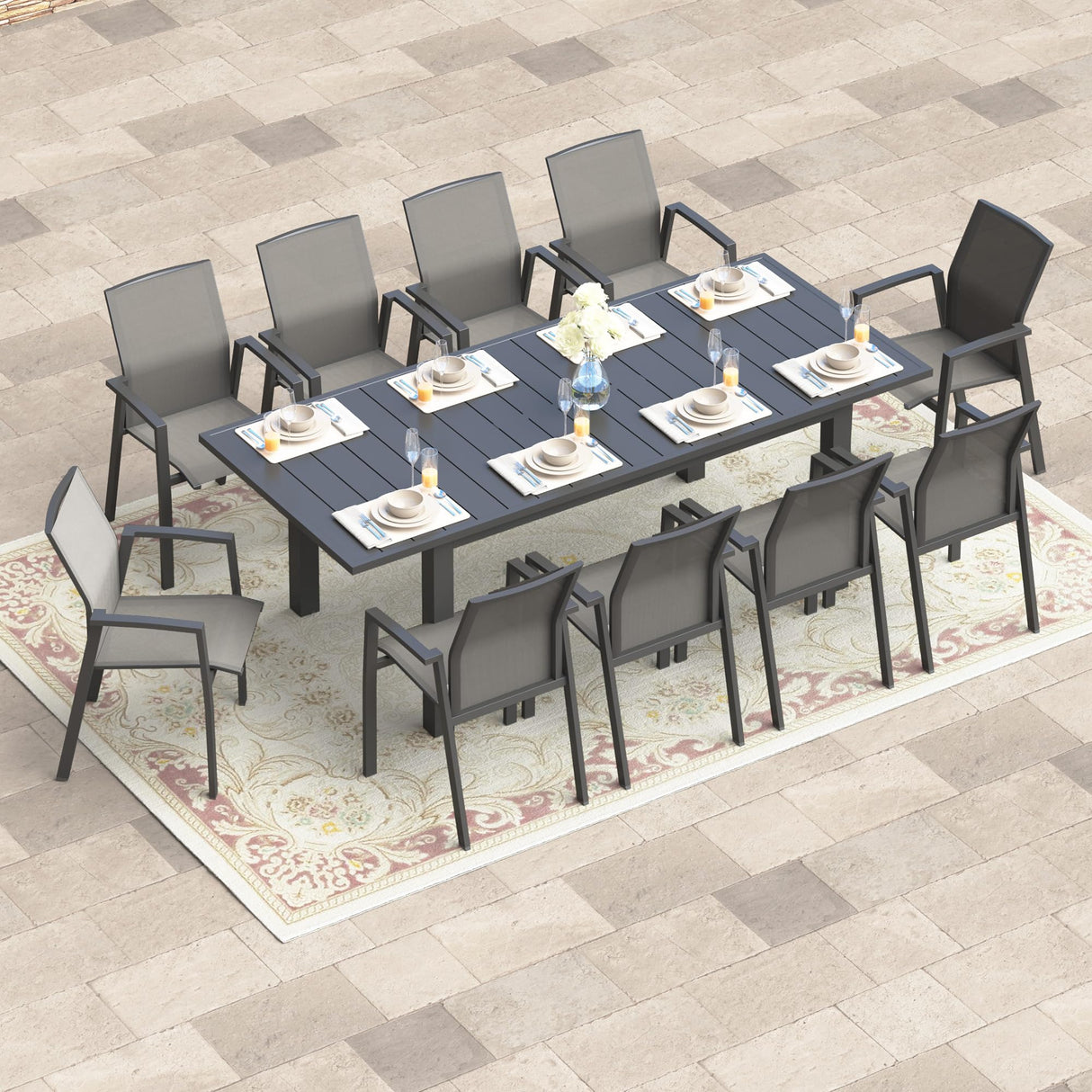 11 Piece Aluminum Outdoor Patio Dining Sets with Fully Assembled Dining Chair，91.3"L×39.4"W Expandable Patio Table and Chairs Set for 10, Stackable Chairs with Quick Drying Fabric, Grey Wisteria Lane