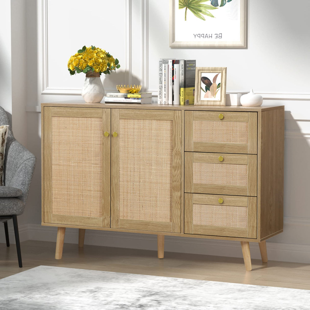 Anmytek Rattan Sideboard Buffet Cabinet with 2 Doors and 3 Drawers, Buffet Cabinet with Storage Wood Credenza Storage Cabinet for Living Room Dining Room Hallway Kitchen, Natural Oak H0088 Anmytek
