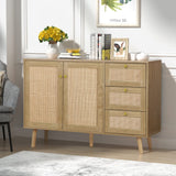 Anmytek Rattan Sideboard Buffet Cabinet with 2 Doors and 3 Drawers, Buffet Cabinet with Storage Wood Credenza Storage Cabinet for Living Room Dining Room Hallway Kitchen, Natural Oak H0088 Anmytek
