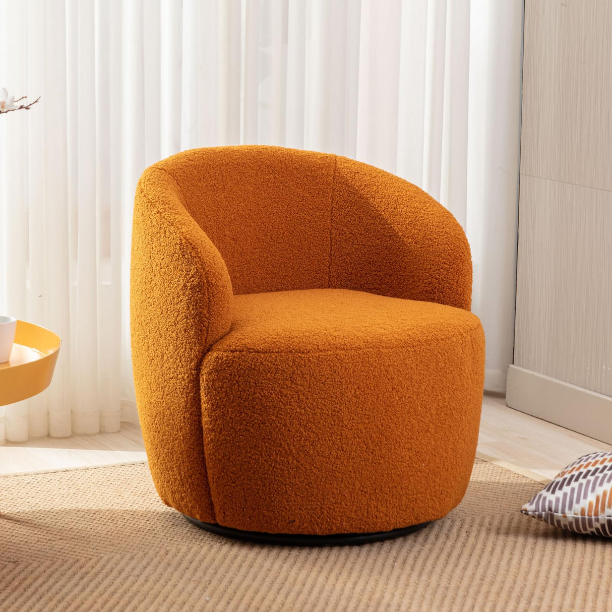 KIVENJAJA Swivel Barrel Chair, Teddy Sherpa Upholstered Modern Round Accent Arm Chairs, 360 Degree Swivel Small Single Sofa Armchair for Nursery Living Room Bedroom (Teddy, Orange) KIVENJAJA