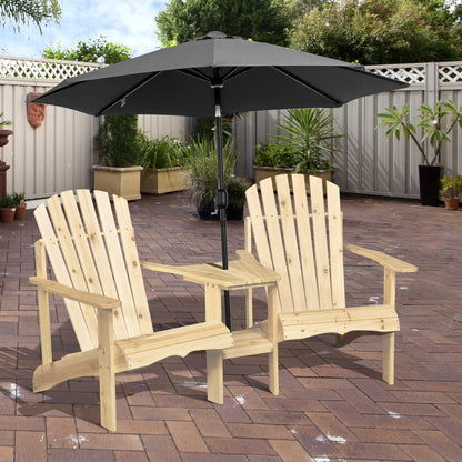 Outsunny Wooden Adirondack Chairs for Two People, Outdoor Fire Pit Chair with Table & Umbrella Hole, Patio Chair for Deck Lawn Pool Backyard, Natural - WoodArtSupply