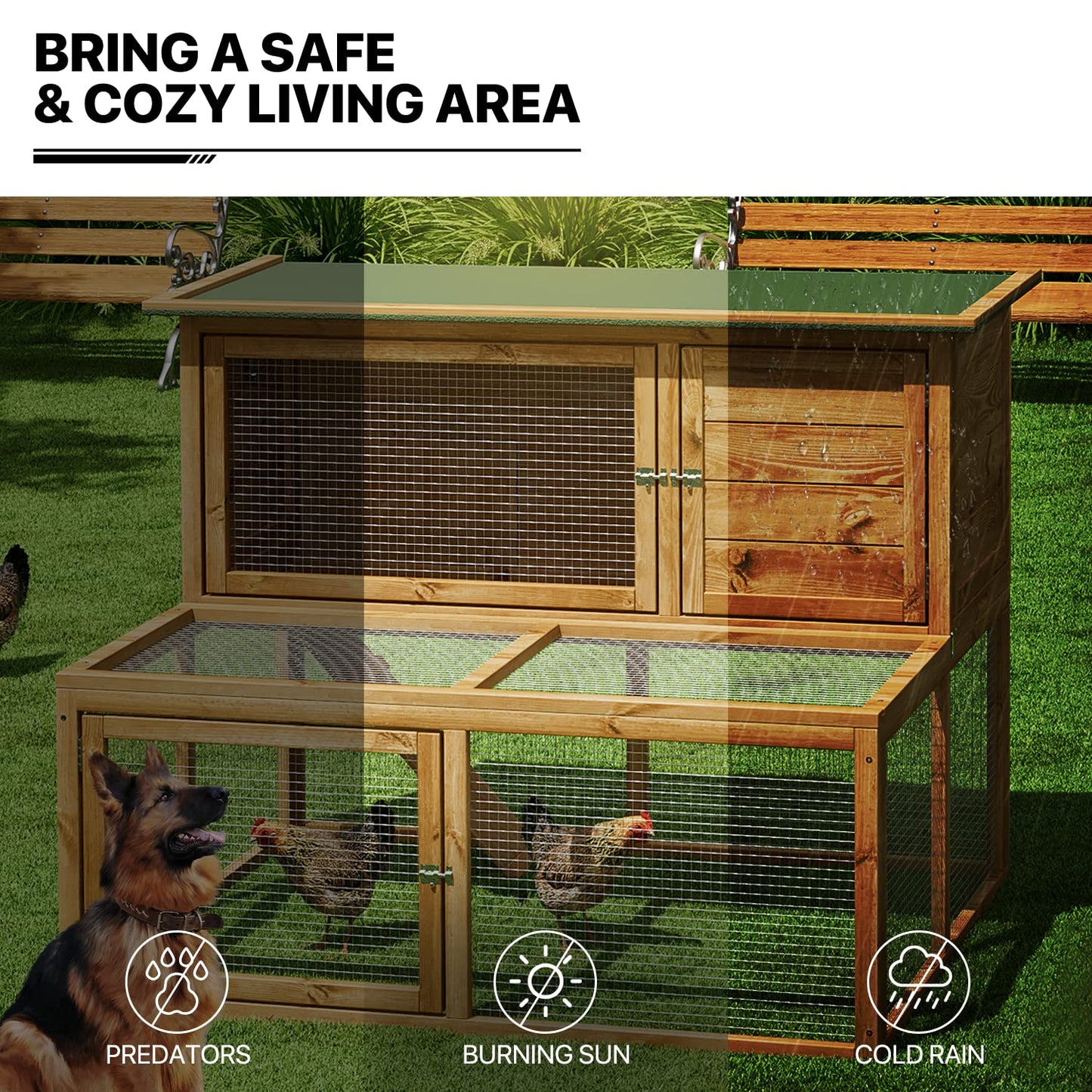 MoNiBloom 2-Level Chicken Coop with Run and Ventilated Wood Hen House - Spacious 47 x 35 x 35.5 inches Small Animal House with Removable Tray, Ramp, and Asphalt Roof for Hens, Quail, and Bunn - WoodArtSupply