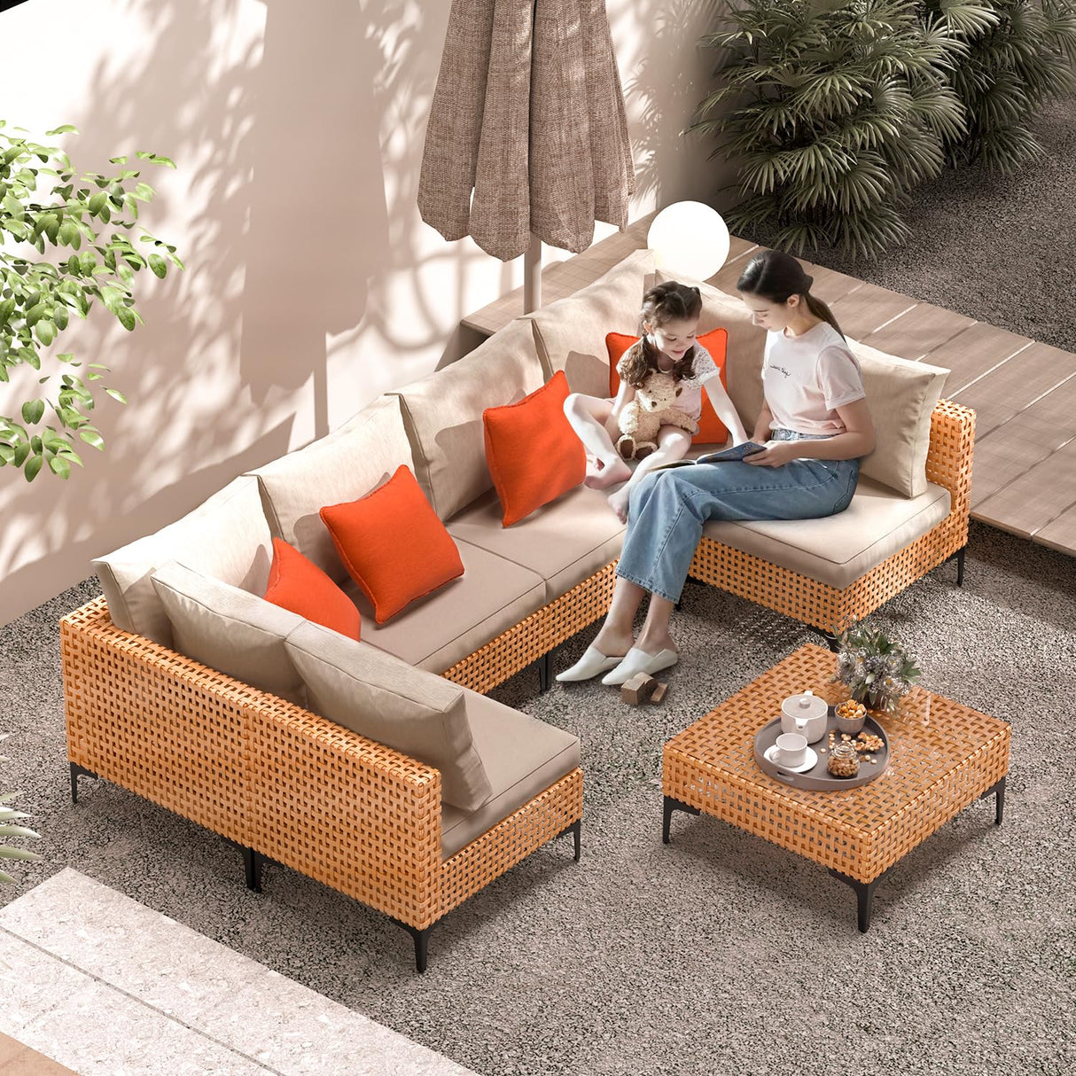 ARTBUSKE 7 Piece Outdoor Patio Furniture Set Modular Outdoor Furniture Set Wicker Outdoor Sectional Sofa with Table Patio Set for Balcony Porch Deck Yard (Salmon&Orange Wicker, Sand Cushion) ARTBUSKE