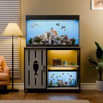 FFIQQ Fish Tank Stand 40-50 Gallon,Aquarium Stand With Power Outlets Cabinet Storage& LED Light,Support up to 800 lbs,Suitable for 2 Turtle Tank,Reptile Terrarium (Grey)