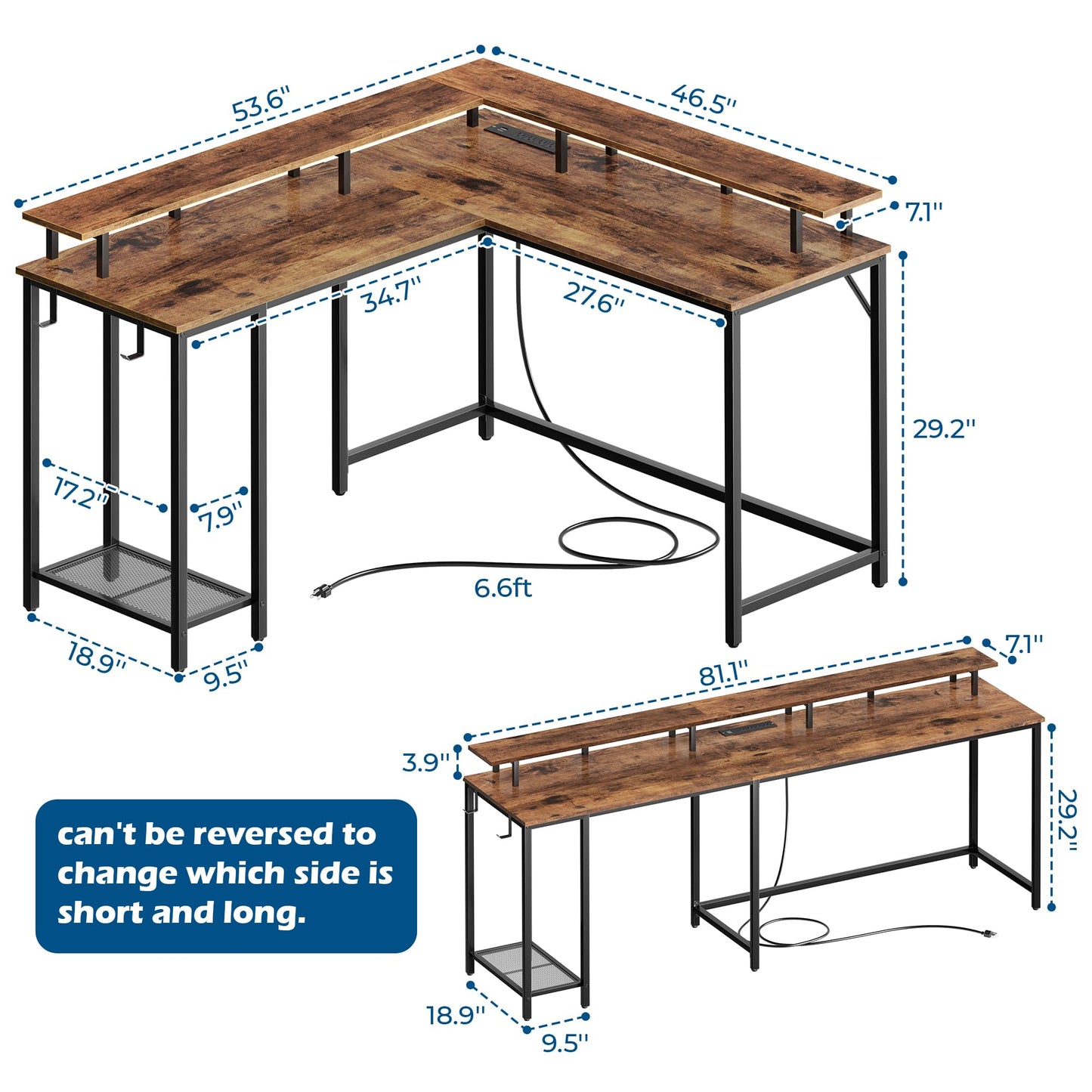 SUPERJARE L Shaped Computer Desk with Power Outlets & LED Lights, Gaming Desk with Monitor Stand & Storage Shelf, Home Office Desk Corner Desk with Hooks, Rustic Brown, 7033ZC - WoodArtSupply