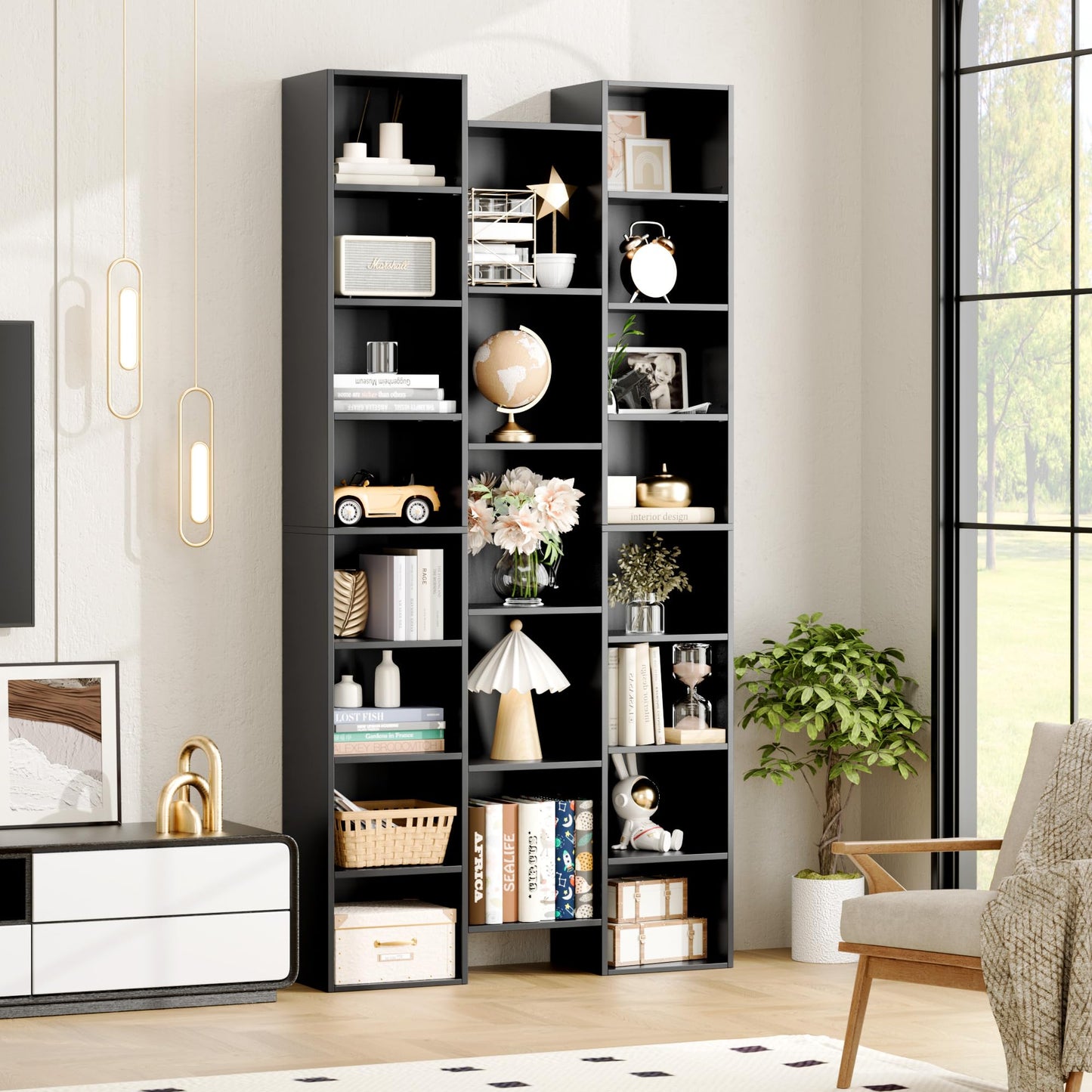 FOTOSOK Triple Wide 71" Tall Black Media Storage Tower with Adjustable Shelves - WoodArtSupply