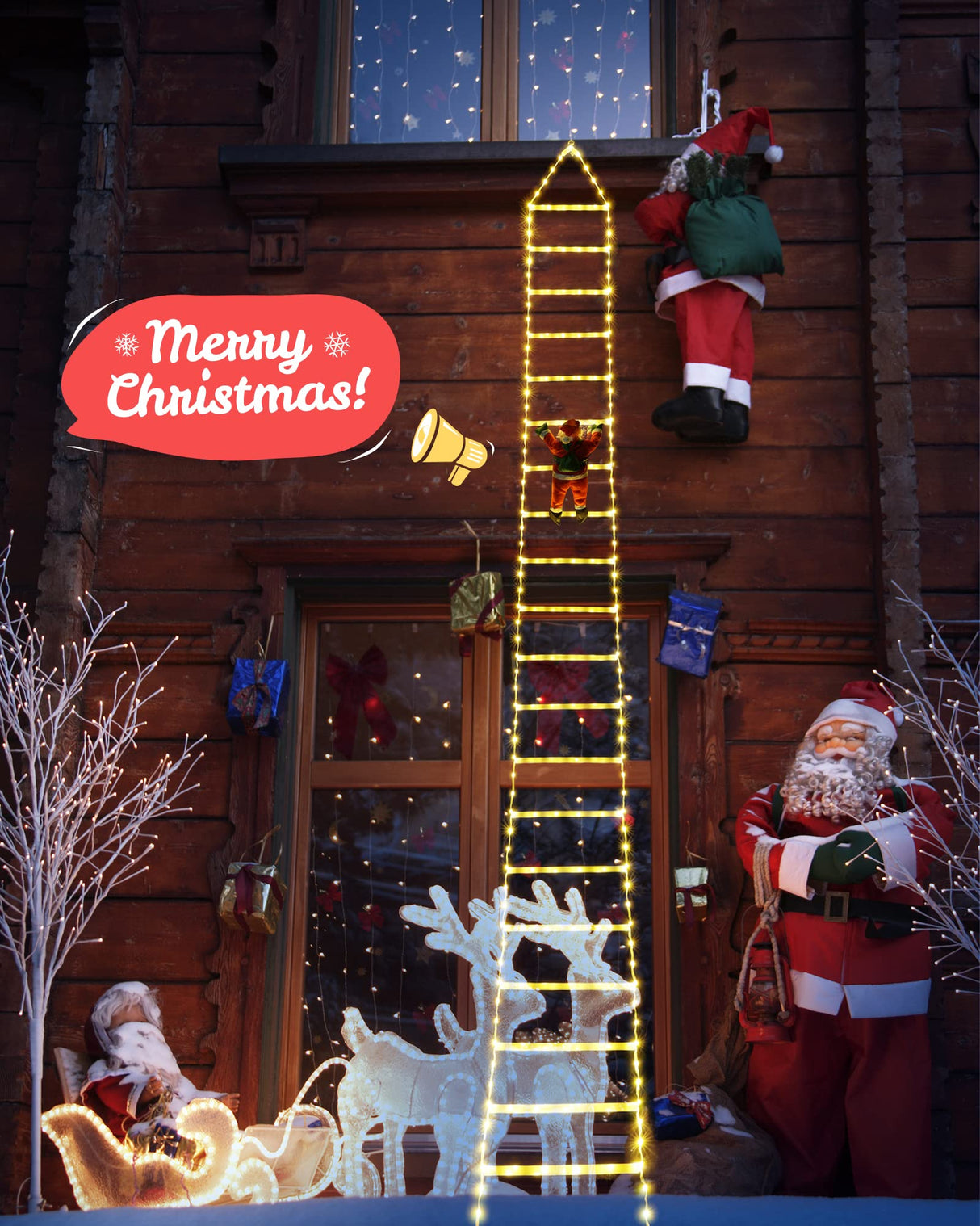 Toodour LED Christmas Lights - 10ft Christmas Decorative Ladder Lights with Santa Claus, Christmas Decorations Lights for Indoor Outdoor, Window, Garden, Home, Wall, Xmas Tree Decor (Warm White) Toodour