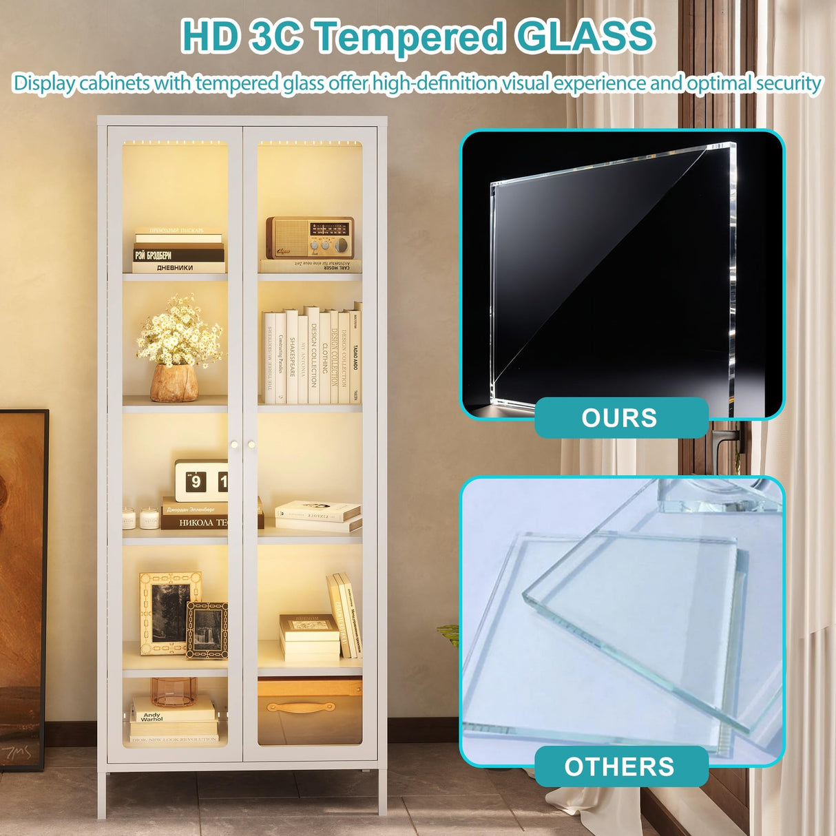 Desirable Life 5 Tier Glass Display Cabinet with 13 Color LED Lights, 67" Lighted Curio Cabinet with Glass Doors & Adjustable Shelves, Tall Metal Display Case for Collectibles Figures- White Desirable Life