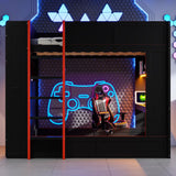 LUMISOL Full Size Gaming Loft Bed with Desk, Wood Bunk Bed Frame with Storage Shelves, LED and Charging Station, Black LUMISOL