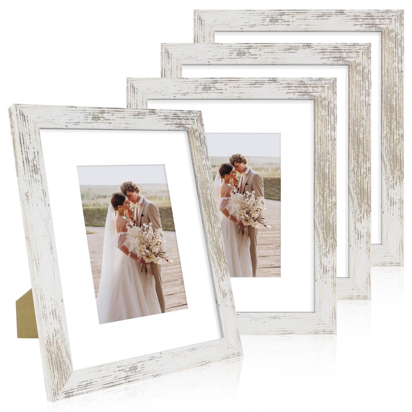 Hongkee 8x10 Picture Frame Set of 4, Made of Real Glass and Distressed White Wooden Frame, 8 by 10 Photo for Wall or Tabletop - Display Picture 5x7 with Mat or 8x10 Without Mat