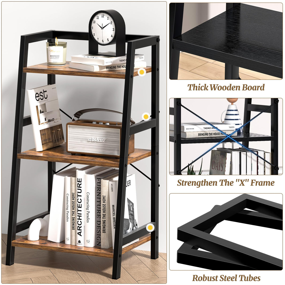 3-Tier Bookshelf, Ladder Shelf, Industrial Bookcase with Steel Frame, Metal Small Bookcase, Stand up Shelves for Living Room, Home Office, Kitchen, Bedroom, Industrial Style（Rustic Brown & Black） Homedawn