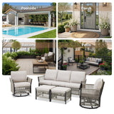 5 Pieces Patio Furniture Sets, Outdoor Modular Sectional with Sofa, 2 Swivel Glider Chairs & 2 Ottomans, All-Weather Rattan Conversation Seating Group for Backyard, Deck, Porch, Beige PPorfamilia