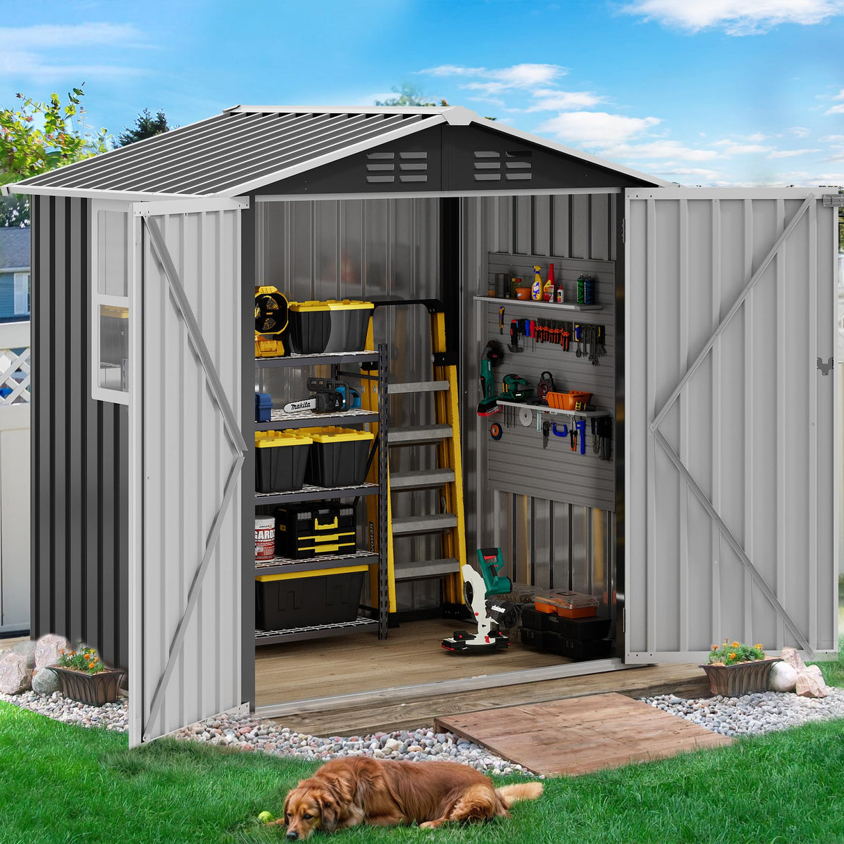 DWVO 6x4ft Metal Outdoor Storage Shed with Window, Lockable Tool Storage Sheds, Steel Garden Sheds with Sloped Roof for Backyard, Patio, Garage, Lawn, Gray + White DWVO