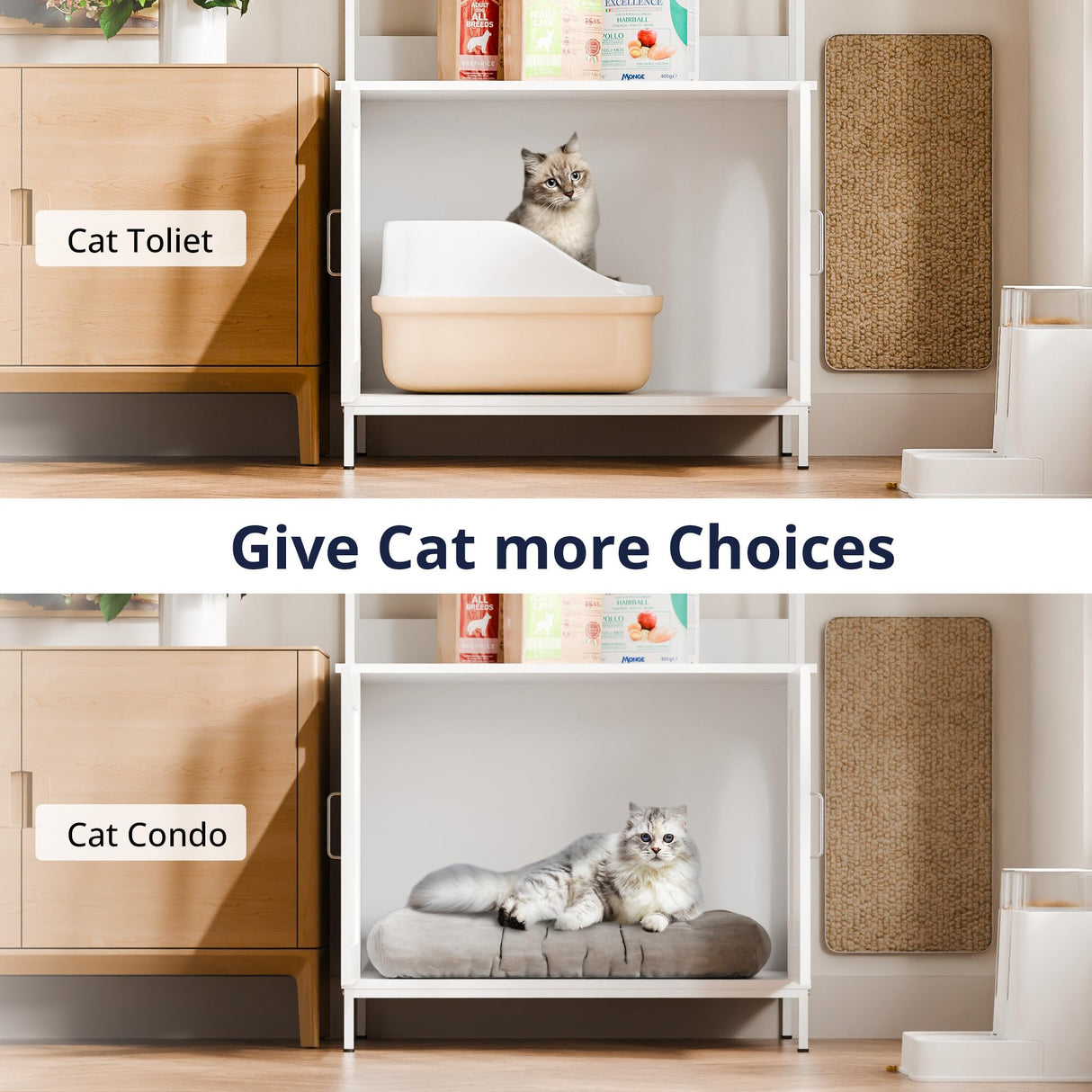 Cozy Castle Litter Box Enclosure, 57'' Cat Litter Box Furniture with Large Cabinet, Shelves and 4 S-Hooks, Hidden Cat House for Most of Litter Boxes, Wooden Pet Washroom Indoor, White Cozy Castle