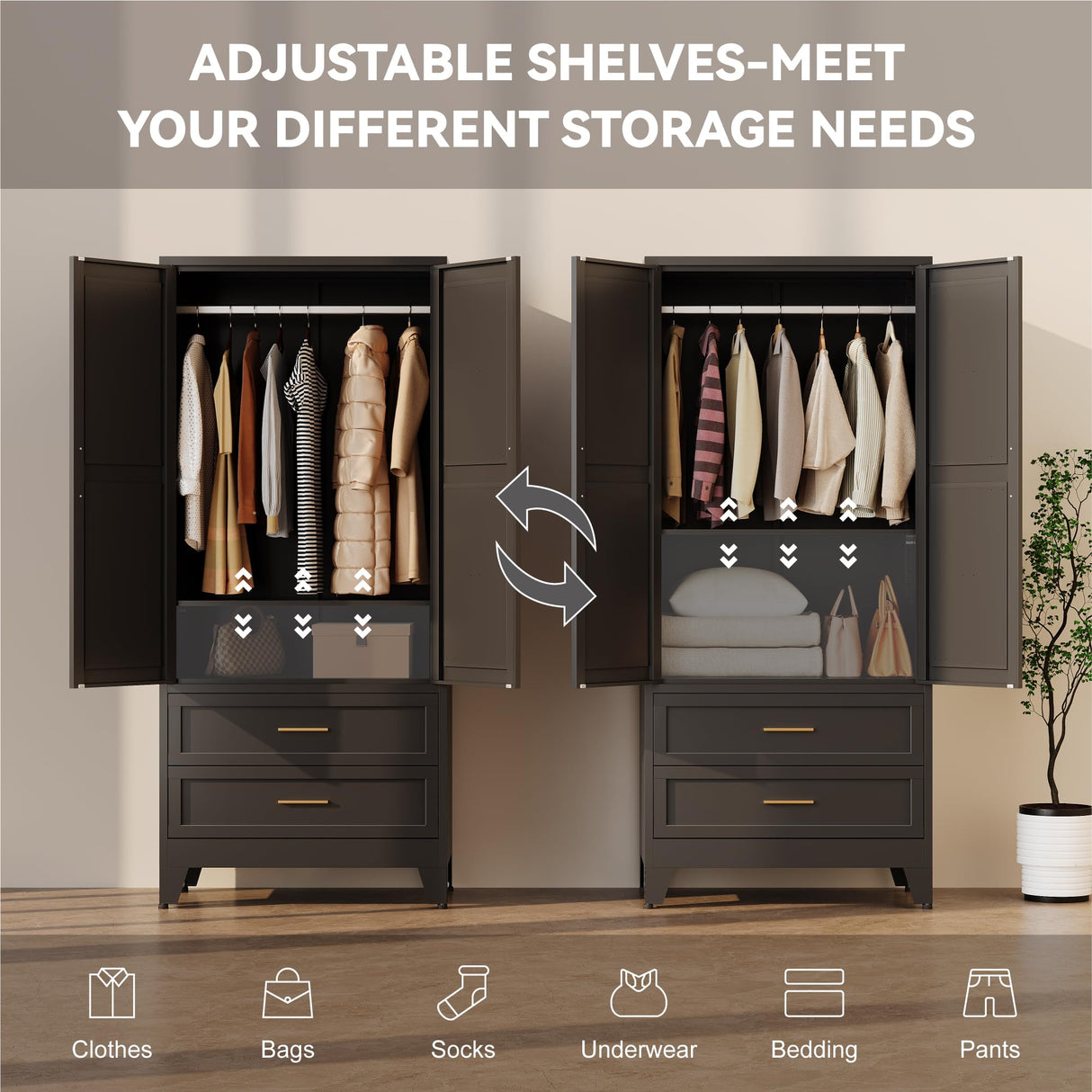 Baborokic Metal Wardrobe Cabinet with Hanging Rod,71" Armoire Wardrobe Closet with Adjustable Shelves,Farmhouse Metal Clothing Storage Cabinets for Bedroom,Office,Employee,Laundry Room(Black) Baborokic