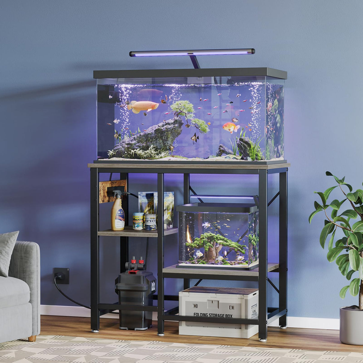 Becuddler 20/30/37 Gallon Fish Tank Stand with Charging Station, 30.7 x 13.8 Metal Aquarium Stand with 3-Tiers Adjustable Storage Shelves, 6-Legs Reptile Terrarium Stand, 400 LBs Becuddler