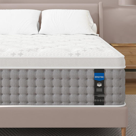 Sleepmax King Mattress 12 Inch - Hotel-Collection Plush Hybrid Mattress Pain Relief - Deep Sleep Mattress Extra Lumbar & Hip Support - Fiberglass-Free Bed in a Box, CertiPUR-US Certified, 365-Trial