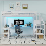 Queen Size Loft Bed with Desk and Stairs, Gaming Loft Bed with RGB LED Light and Storage, Heavy-Duty Metal Loft Beds Frame with Wardrobe, Shelves and Charging Station for Adults Kids Teens, White Mirightone