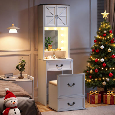 Compact Vanity with Mirror and Lights, Makeup Vanity Desk w/Storage Drawers & Shelves, Farmhouse Vanity Table with Hidden Chair for Bedroom, Dressing Table Gift for Girls Lady