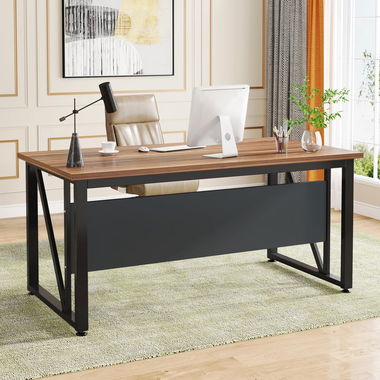 Tribesigns 55 inches Simple Computer Desk,Home Office Desk Writing Table for Workstation,Dark Walnut + Steel Leg， Cabinet not Included (Walnut, 55-inch) Tribesigns