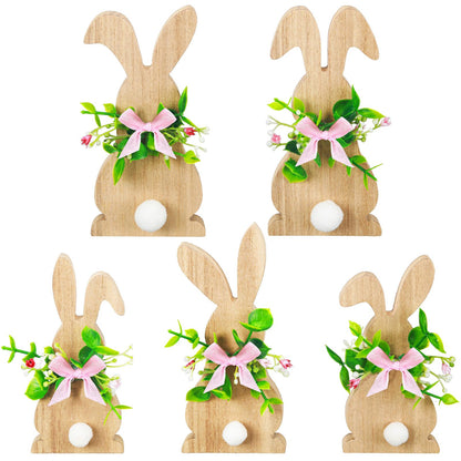 GlikCeil 5 Pcs Easter Bunny Wood Decor Easter Bunny Signs Wooden Easter Decorations Spring Rustic Wood Centerpieces Farmhouse Tabletop Wooden Rabbit Statue with Flower and Bow for Home Easter Gifts