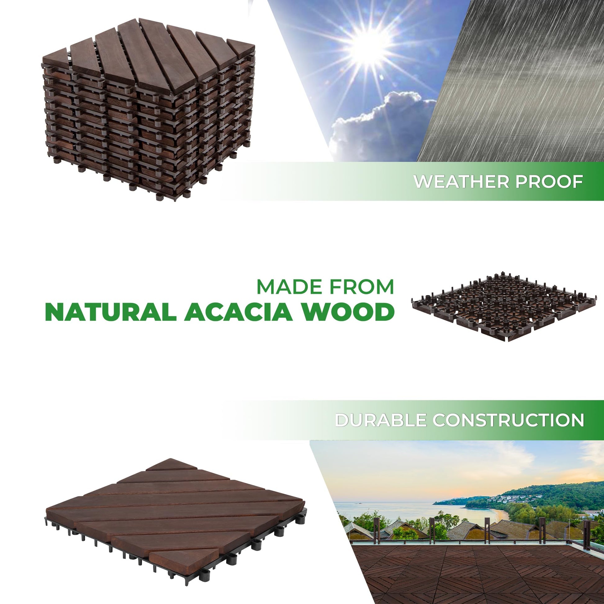 Interlocking Deck Tiles 12"x12"x0.94'' Dark Brown Acacia Wood Patio Decor Flooring Tiles -Acacia Wood Interlocking Floor Tile -Interlocking Wood Flooring Squares Tile-Home Decor Floor Wood Ti - WoodArtSupply