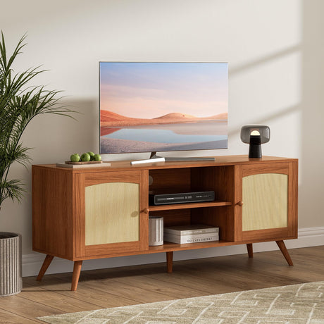 DIYART Brown Rattan TV Stand for 60 Inch TV, Wooden Mid Century Modern Entertainment Center with Natural Rattan Door, Boho Media TV Console for Living Room DIYART