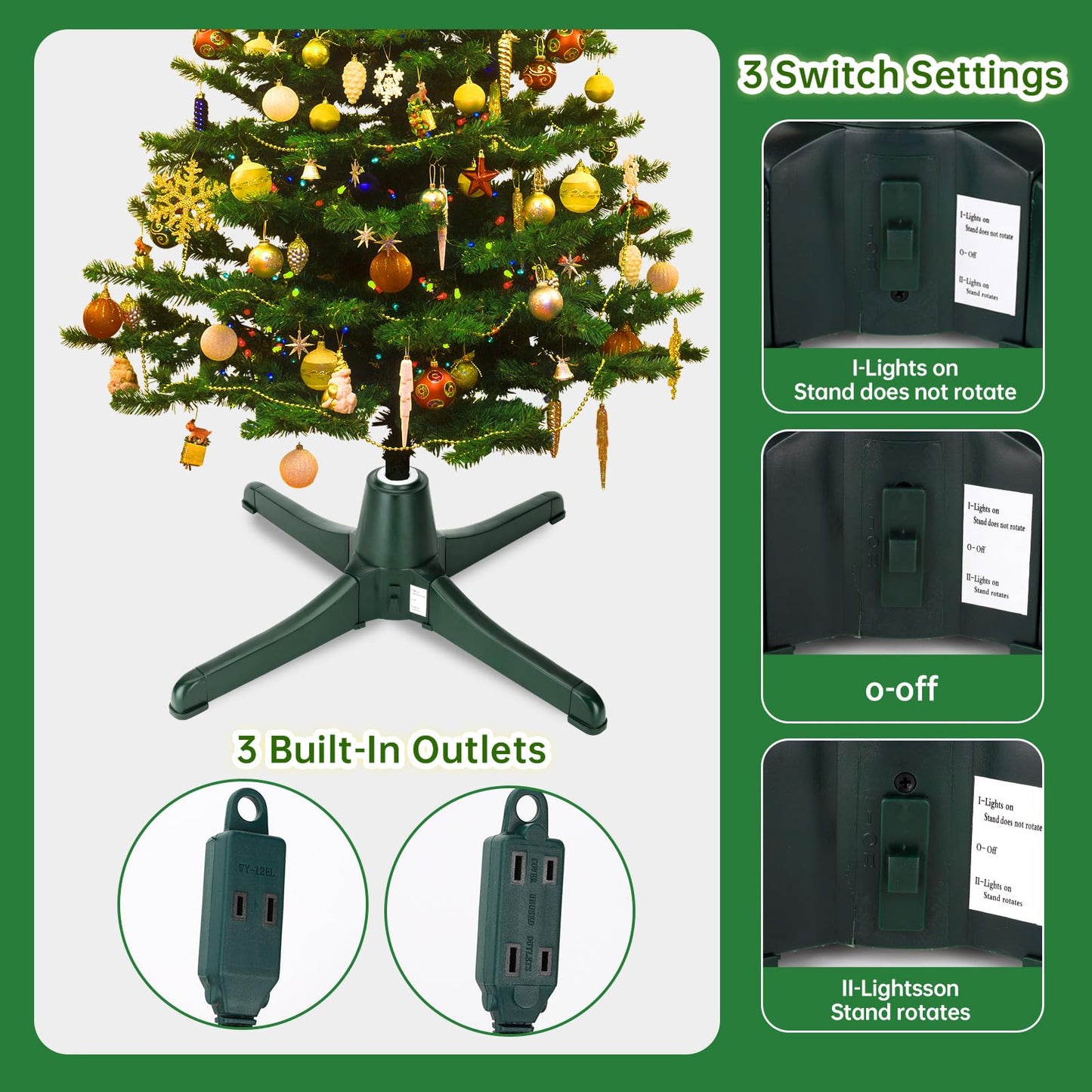 Latest Upgraded Silent Rotating Christmas Tree Stand, Rotating Tree Stand for Artificial Christmas Tree, 360° Tree Rotating Stand, Supports 7.5ft and 80 lbs, 3 Built-in Outlets, 3 Settings, Green